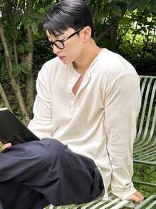 DAZY 男士杏色半拉链长袖T恤，秋季