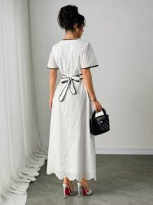 Chiquease Women's V-Neck Embroidered Crochet Colorblock Hem Slit Dress - Black and White - View 2