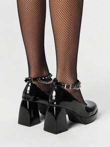 ROMWE Goth 女士 PU 皮革方头粗跟厚底凉鞋，带扣带，性感亮面一脚蹬高跟鞋，适合春季 - 黑色 - 查看 4