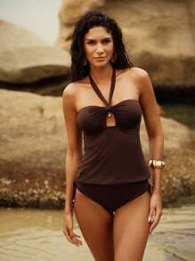 Anewsta Elegant Mature Sophisticated Summer Fashion Rope Neck Tankini Set - Brown - View 3