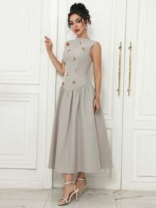 Modelyn Women's Elegant Floral 3D Sleeveless Waist Cinched Dress - Khaki - View 4