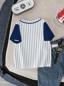 Batwheels X SHEIN Young Boy Round Neck Short Sleeve Summer Casual Contrast Sleeve, Striped English Letter College Sports Baseball Jersey Pattern T-Shirt - White - View 2