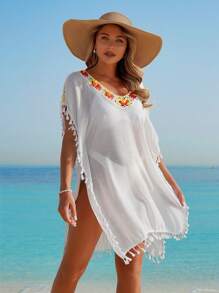 Swim Lushoire Beach Vacation Contrast Crochet Batwing Sleeves V-Neck Fringe Trim Beach Cover Up Dress For Women For Summer - White - View 2