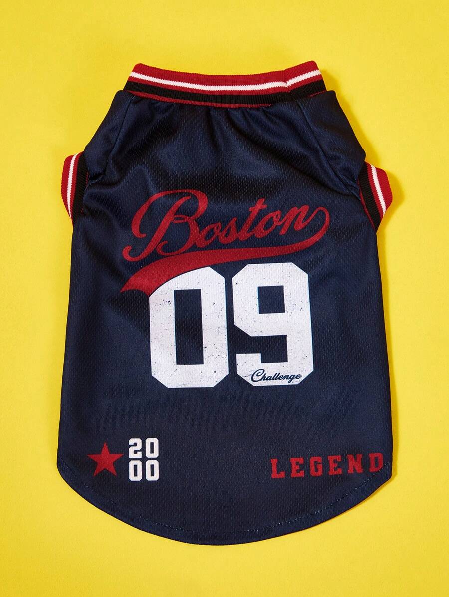 PETSIN 1 件宠物猫狗通用海军蓝 09 号球衣，带英文数字条纹撞色罗纹袖口，舒适时尚狗狗背心 - 彩色 - 查看 1