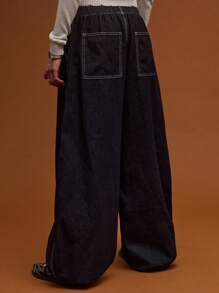 COUREZ Calça Denim Cintura Baixa Ajuste Médio Balão/Y2K/Casual/Algodão/Looks de Verão para Mulheres Algodão Vintage - Lavagem escura - Visão 4