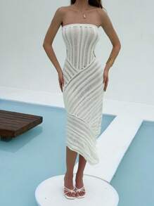 Aloruh Women's Summer Solid Color Hollow Asymmetric Hem Strapless Tube Knitted Dress - White - View 4