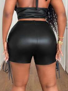 Maweii Plus Size Women's Solid Color Waist Tie Up Shorts