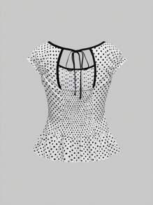 ROMWE J-Fashion 日式女式圆领褶边泡泡袖束腰白色圆点衬衫 - 黑與白 - 查看 2