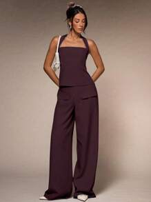 Glamine Setelan 2 Potong Modis, Model Halter Sederhana, Ramping, Seksi, Warna Aprikot, Atasan Crop Tenun dan Celana Panjang Lurus, Koleksi Musim Semi Terbaru - Rust Brown - View 9