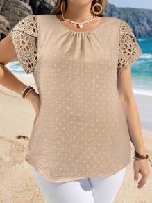 EMERY ROSE 加大码女式圆领短袖休闲衬衫夏季热带度假海滩简约上衣 - 杏色 - 查看 5