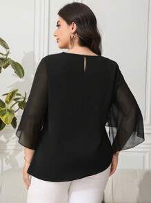 Reflora 大码女式纯色腰部褶饰喇叭袖休闲衬衫 - 黑色 - 查看 2