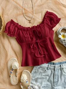 Soleia Textured Tie-Up Casual Resort Shirt, Versatile & Red Off Shoulder Top Wine Red Top Red Summer Top Dark Red Top Cute Red Top