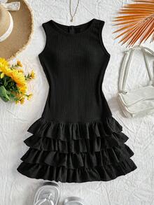 Soleia Women's Vacation Burgundy Round Neck Sleeveless Woven Patchwork Multi-Layer Ruffle Hem Jumpsuit Black Ruffle Dress Black Tiered Ruffle Dress Black Ruffle Mini Dress Casual Black Dress Black Sundress - Black - View 2