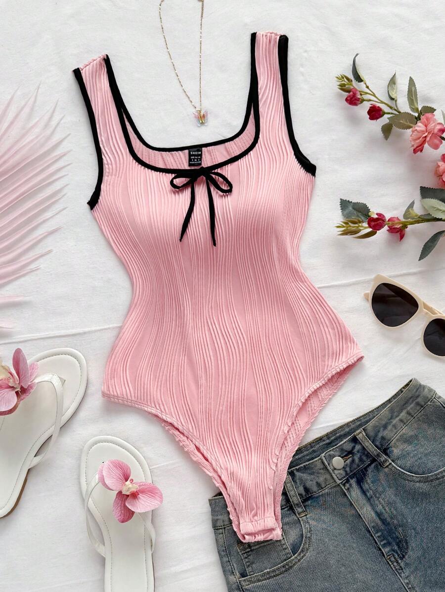 Soleia New Tie Ribbon Bow Knit Bodysuit, Elegant Color Block Vacation Casual Versatile - Baby Pink - View 1