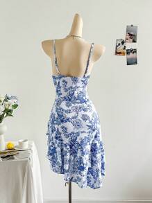 Soleia 女式度假不对称下摆无袖蓝色印花雪纺连衣裙