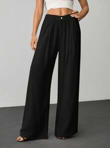 SHEIN Tall 夏季度假杏色竹纤维水洗梭织松紧腰女式休闲阔腿裤休闲度假基本款 - 黑色 - 查看 5