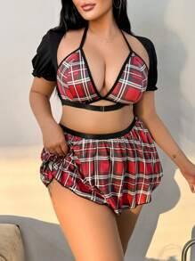 SHEIN 加大码格子印花撞色绑带女学生服装套装