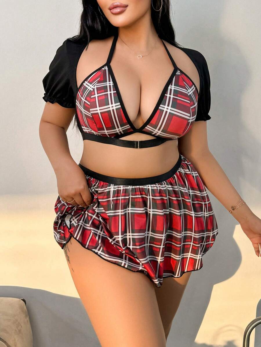 SHEIN 加大码格子印花撞色绑带女学生服装套装