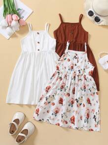 Young Girl 3pcs/Set Buy 1 Get 2 Free Mommy & Me Matching Ditsy Floral & Solid Color Vacation/Travel Dresses - Multicolor - View 3
