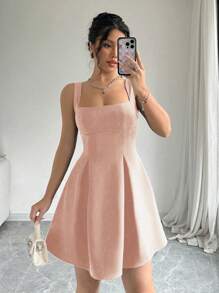 Chiquease Women's Summer Casual Waisted Low-Cut Solid Color Vacation Dress Mini Short Women Outfit - Coral Pink - View 6