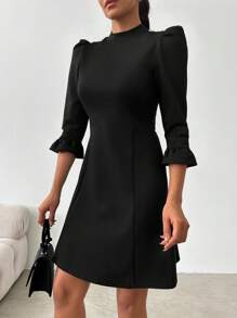 EURMUSE Mock Neck Flounce Sleeve A-line Dress - Black - View 5
