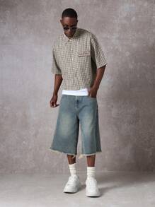 SUMWON 时尚阔腿牛仔百慕大短裤磨边毛边破洞夏季休闲街头风格宽松都市长款牛仔短裤 - 藍色 - 查看 2