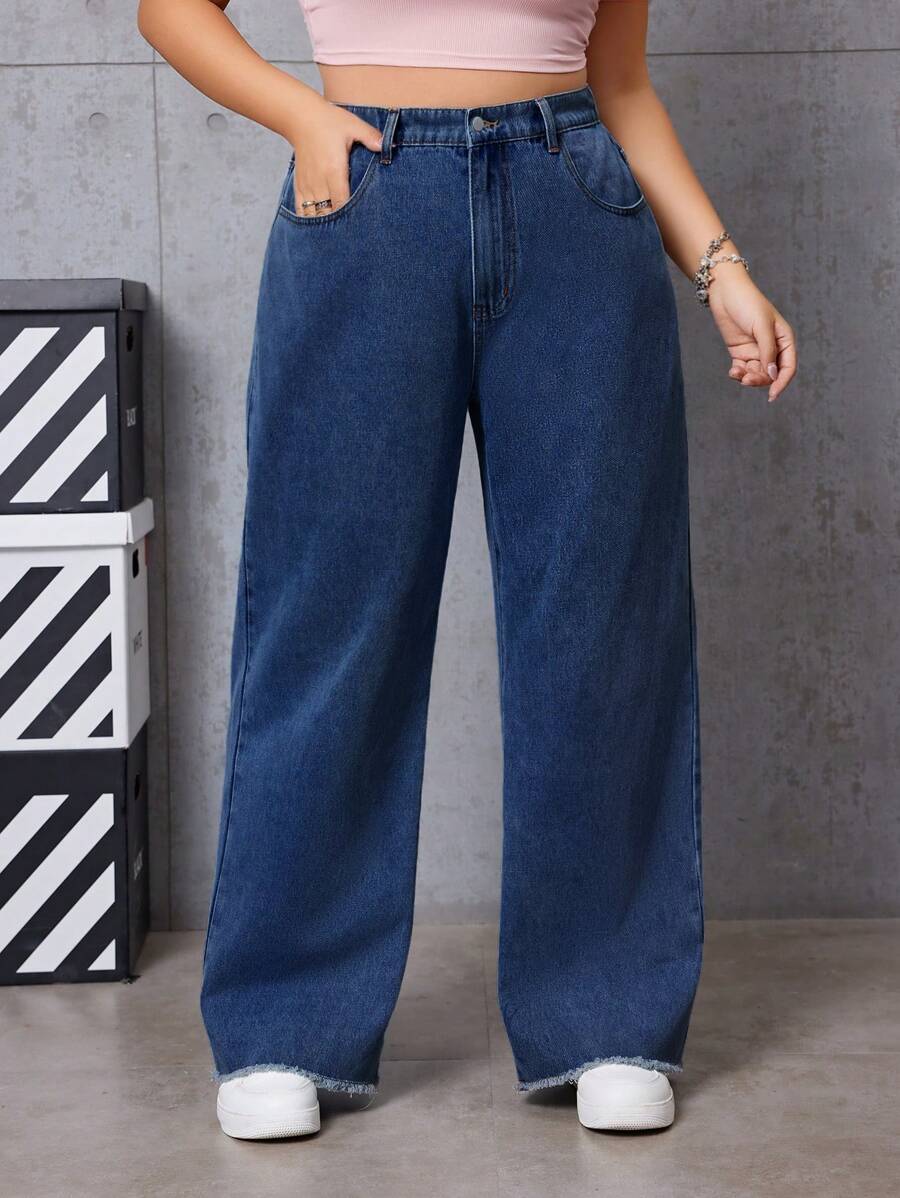 SHEIN ICON 夏季大码女式宽松蓝色带口袋牛仔裤 - 深色水洗藍 - 查看 1