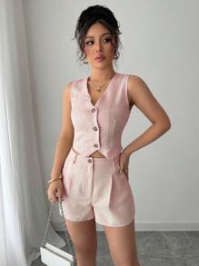 SHEIN PETITE 2025新款女士休闲背心短裤两件套 - 粉色 - 查看 6