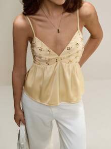 Muvela Women's Yellow Top With Sequin Design Ruffle Hem Fashionable Camisole For Outing - Champagne - View 1