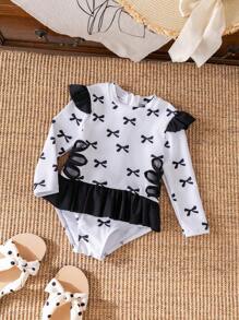 Baby Girl Cute Bow Print Ruffle Long Sleeves One-Piece Swimsuit - Black and White - View 1