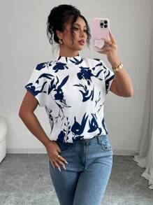 Elenzga Women's Fashion All-Over Print Half-High Collar Short Sleeve Blouse