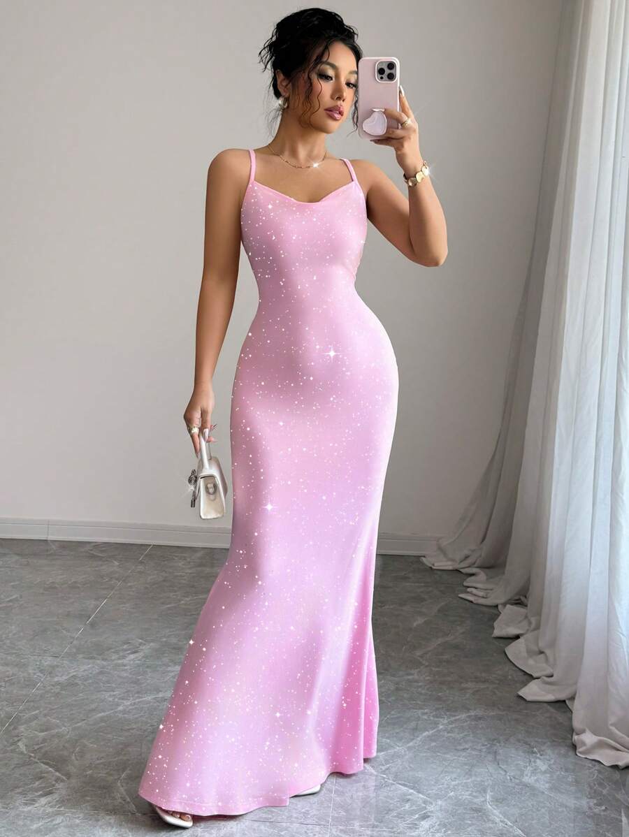 Elenzga 女士闪亮细肩带十字交叉设计派对连衣裙