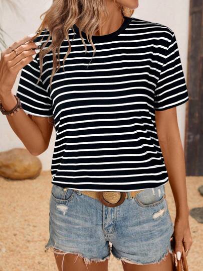 SHEIN LUNE Camiseta básica casual de mujer de cuello redondo a rayas negras y blancas para el verano