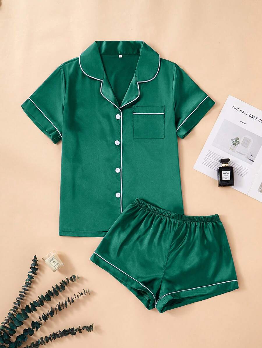LuxeNights 女士纯色撞色绑带短袖上衣和短裤睡衣套装，夏季家居服 - 綠色 - 查看 1
