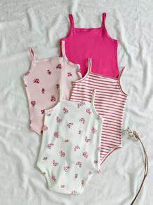 SHEIN 4 Pieces Cute Pattern Summer Sleeveless Bodysuit Suit Set For Baby Girls - Multicolor - View 2