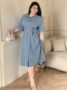 Dazy Plus Light Blue Washed Denim Turn Down Collar Rolled Up Sleeve Cinched Waist Waist Mid-Length Denim Dress - Blue - View 7