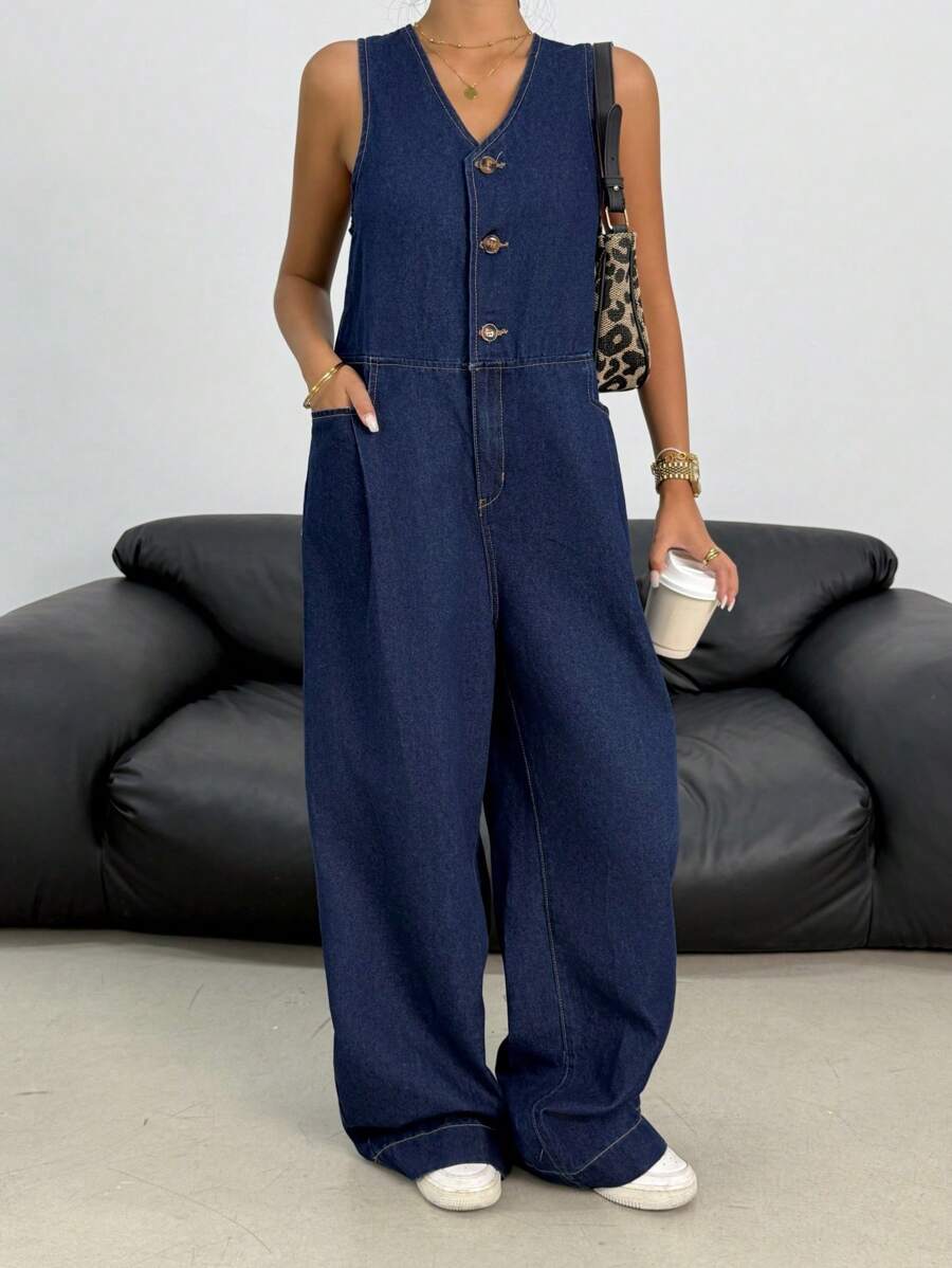 SHEIN Pantalones vaqueros anchos con lavado desteñido y cuello en V oversize para adolescentes, peto vaquero con bolsillos sesgados, pantalones cortos con estilo bohemio para verano y playa, conjuntos casuales para conciertos y festivales, conjuntos para usar en verano, brunch, iglesia, graduación y vuelta al colegio