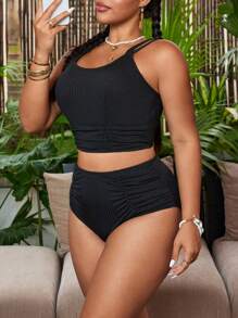 Swim Lushoire Plus Size Women 2pcs Set - Cross Strap Round Neck Crop Top And High Waist Ruched Bikini Bottoms, Summer Beach Holiday