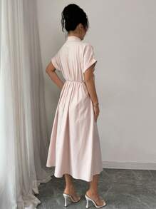 Elenzga Abito dalle linee semplici e minimal, elegante e comodo per lavoro e tempo libero, in colore unito, con cintura in vita a fiocco, chiusura lampo a metà e scollo avvolgente, adatto a occasioni casual e vacanze