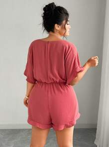 Elenzga 大码女式纯色 V 领荷叶边袖系腰阔腿连体裤，休闲度假装 - 紅木色 - 查看 2