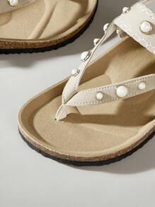 Solecia Dép xỏ ngón phong cách Bohemian cổ điển màu be mới dành cho nữ với họa tiết ngọc trai lớn, quai đeo mắt cá chân có thể điều chỉnh, đế dày, nhẹ, thời trang và đa năng cho bãi biển và kỳ nghỉ - Màu be - Xem 5