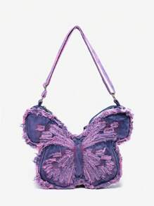 ROMWE Fairycore 女士 Y2K 复古做旧蝴蝶水洗牛仔布大容量托特包单肩斜挎包背包