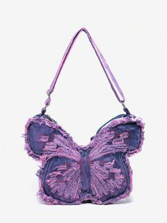 Fairycore Damen Y2K Vintage ausgewaschene Denim Schmetterling Tasche mit großer Kapazität als Schulter Umhängetasche und Rucksack