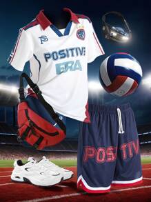 SHEIN 2pcs/Set Teen Boys' Casual Sports College Round Neck White T-Shirt With Polo Stand-Up Collar And English Pattern Baseball Jacket T-Shirt And Sports Shorts - White - View 2