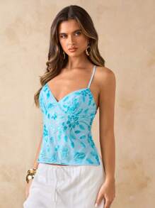 SHEIN BAE Blue Floral,Summer,Elegant,Vacation,Holiday Solid Spaghetti Strap Beaded Backless Tie Strap Top,Sequin Sequins Camisole Suitable For Beach - Blue - View 5