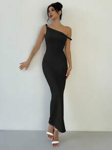 Firerie 女士优雅简约精致都市时尚日常办公室聚会婚礼旅行扭纹不对称紧身杏色细肩带连衣裙 - 黑色 - 查看 4