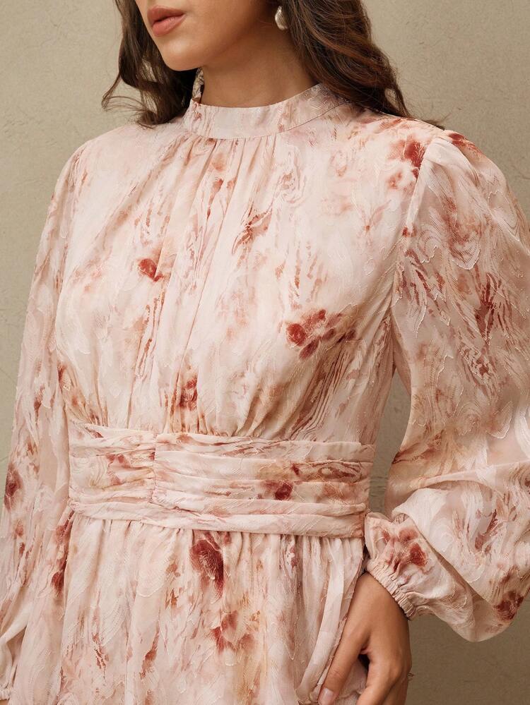 Plus Size Women Pleated Waist Long Sleeve Geometric Print Lightweight Elegant Dress