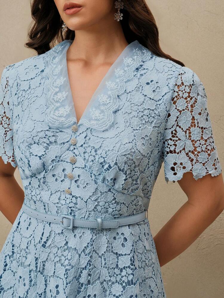 Plus Size Women V-Neck Cinched Waist Elegant Fitted Lace Midi Dress, Suitable For Spring, Summer, Festival, Valentine's Day, Party