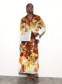 Maija 女士花卉印花百褶长款休闲裙，适合度假装，女士沙滩装，女士度假装，波西米亚风服装，女士度假装，女士波西米亚风裙子，波西米亚风女装，波西米亚风女装 - 卡其色 - 查看 8