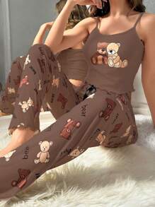 女士卡通熊吊带背心和裤子睡衣套装、休闲套装 - 彩色 - 查看 5